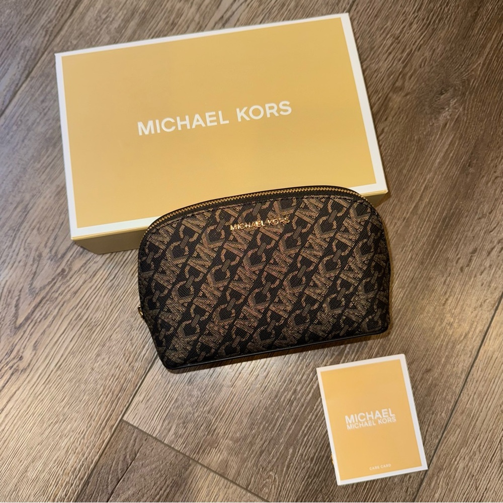 NWOT MICHAEL KORS Small Metallic Empire Monogram Travel Pouch, gift box $ ribbon